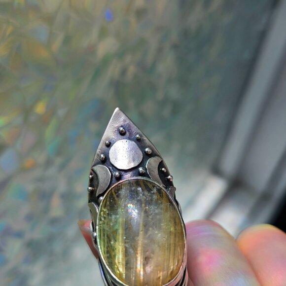 Acid Queen Moon Shield Ring - rutilated quartz size 7 - Picture 2 of 5
